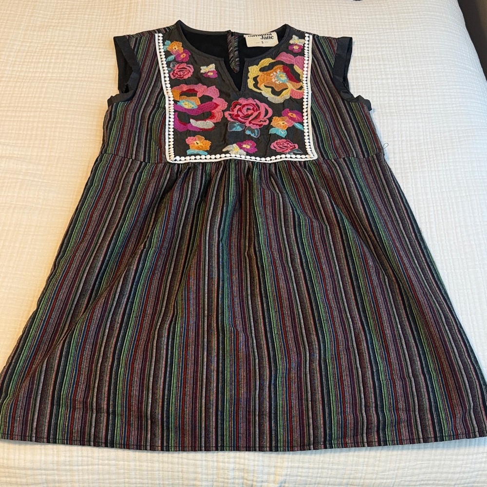 Savanna Jane Multicolor Striped Dress with Floral Embroidery